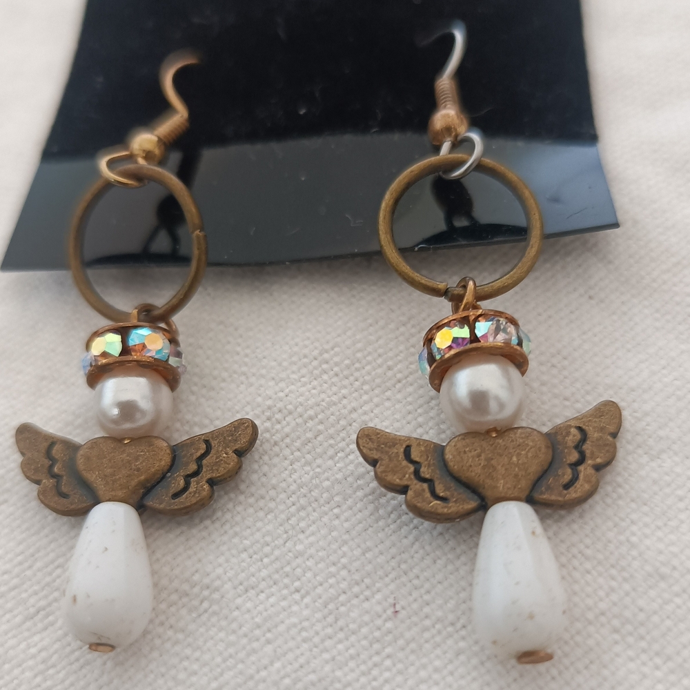 Angel Wing Dangle Earrings with White Teardrop and Pearl Accent
